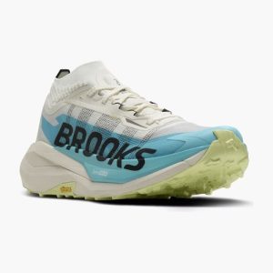 Brooks Cascadia Elite unisex blanco y azul vista lateral en tienda trail running HYGGE Jerez Cádiz