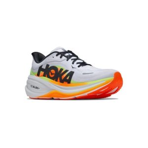 HOKA Clifton Pro Hombre blanco y naranja flúor, vista en perspectiva exterior